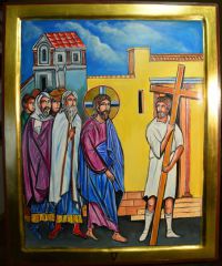 Stacja 5.Szymon z  Cyreny pomaga  nieść  Krzyż Panu Jezusowi